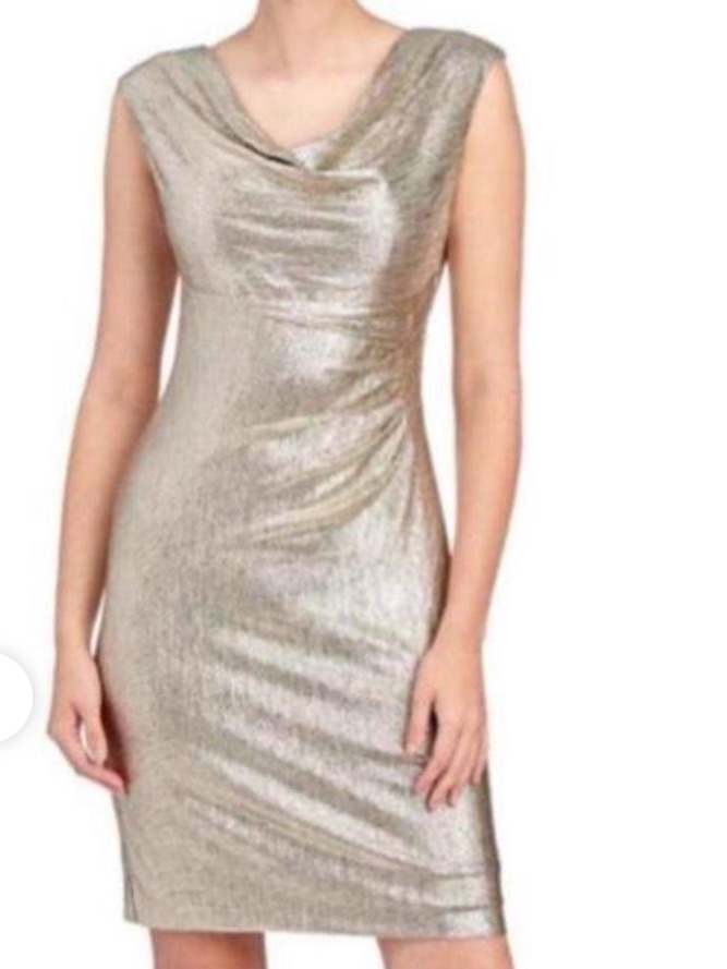 Ralph Lauren Metallic Gold Metallic Cowl Neck Sheath Dress